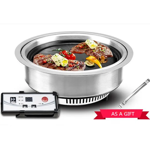 220V Smokeless Electric Round Embedded Circular Barbecue Pot Infrared Grill Non stick Commercial
