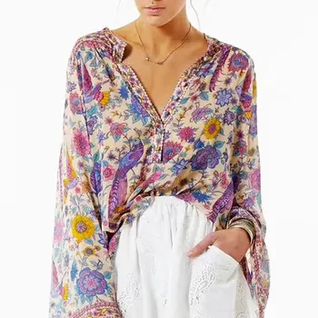 

Boho Chic Botanic Floral Print Summer Blouse Flare Sleeve Plunging Neckline Loose Holiday Bohemian Women Blusas Tops Femme Top