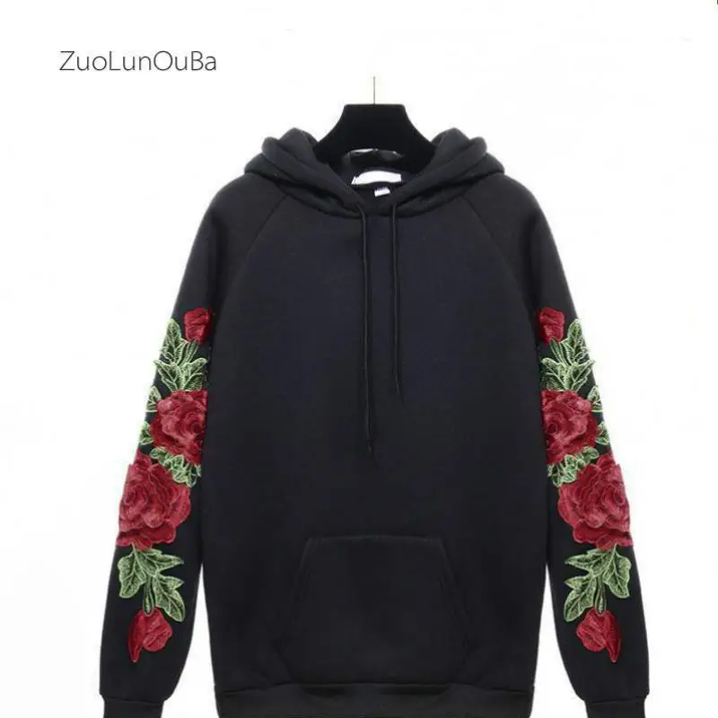 

2018 Zuolunouba Spring Student Hoody Red Rose Embroidered Harajuku Style Women Casual Loose Sweatshirt Tops Plus Velvet Pullover