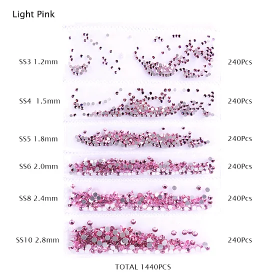 1440 шт Стразы для дизайна ногтей, 6 размеров, ss3-ss10, плоская задняя часть, пламя AB, стекло, алмазный камень, 3D Шарм, сделай сам, украшение для дизайна ногтей TR025 - Цвет: Light Pink