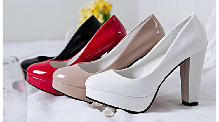 Однотонные свадебные туфли-лодочки женская обувь с круглым носком, без шнуровки, на нескользящей платформе, на толстом высоком каблуке 10 см, из искусственной кожи, женская обувь для подружки невесты