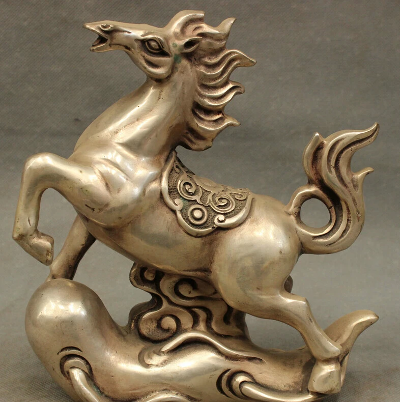 

song voge gem S4885 8" Chinese Silver FengShui Zodiac Jump Horse Statue On Panax Animals Sculpture