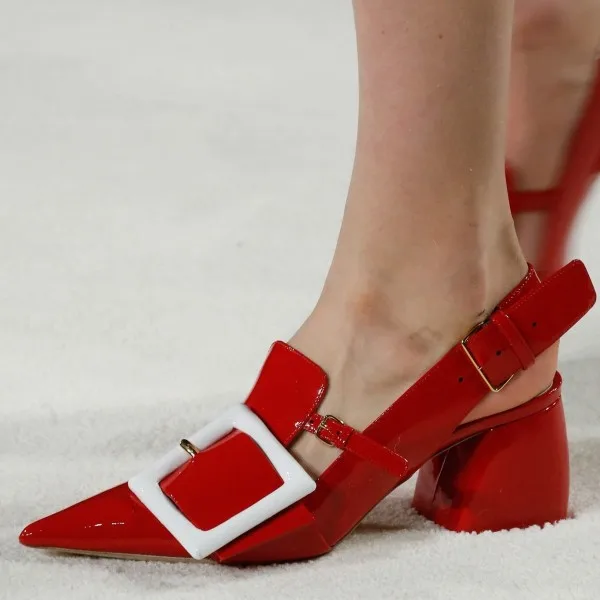 red_buckle_chunky_heels_patent_leather_pointy_toe_slingback_pumps