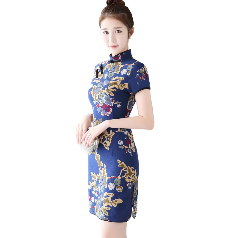 

2019 New Sexy Print Flower Short Sleeve Qipao Summer Handmade Button Split Dress Chinese Lady Mandarin Collar Cheongsam S-3XL