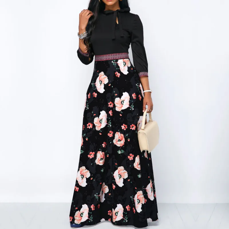 

Women Long Maxi Dresses Bohemia Hollow neck Three Quarter Sleeve Floral Print Style High Quality