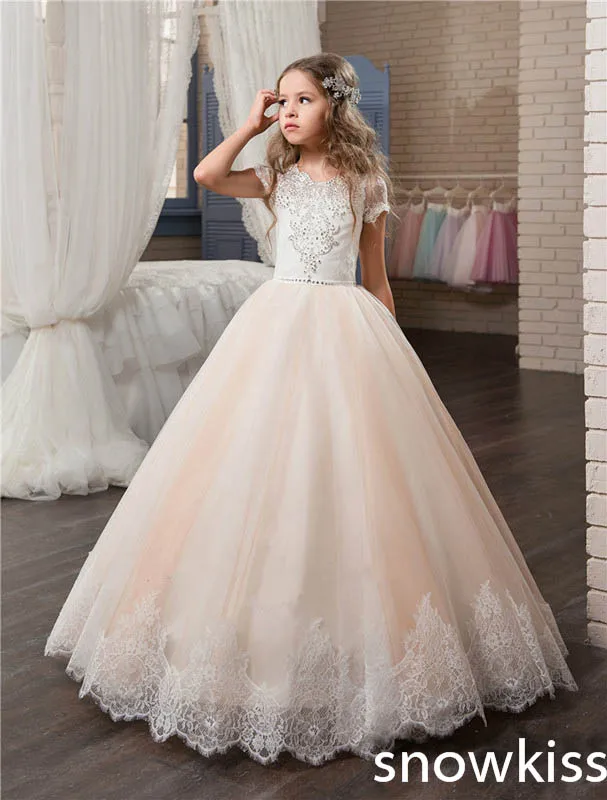 Blush pink pretty flower girl dress for wedding with beaded crystals crew neck junior pageant tulle dress with bow evening gowns