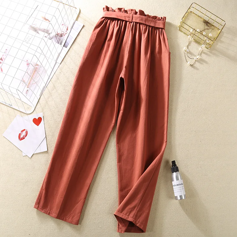 Свободные штаны с поясом-бабочкой, новинка, женские весенние/летние брюки-слаксы, студенческие прямые брюки с высокой талией