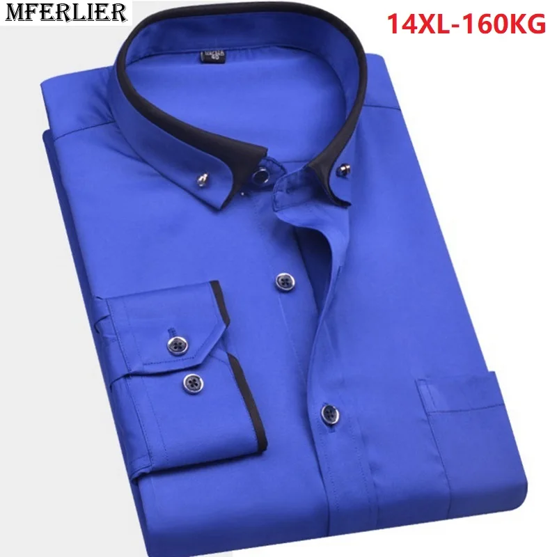 

MFERLIER high quality summer men big size wedding shirt large size plus formal shirt Long sleeve 8XL 9XL 10XL 12XL 14XL blue