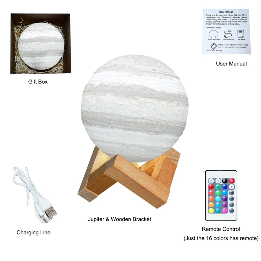 Перезаряжаемый цветной лунный светильник, 3D принт, Юпитер, ночник, светильник, сенсорный, Pat, USB, для украшения дома, подарок для ребенка