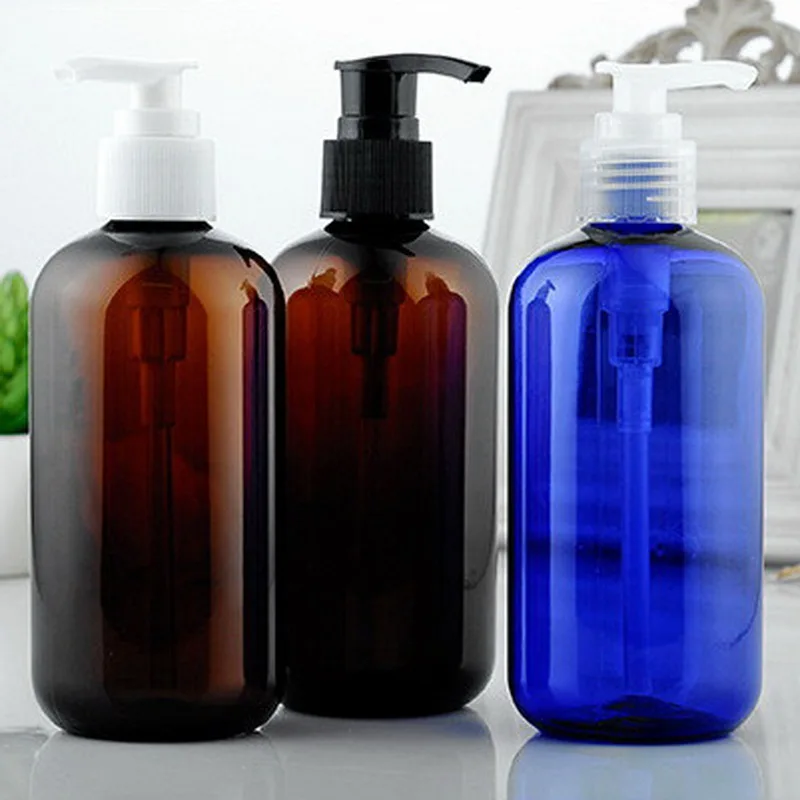 

20pcs/lot 250ml Amber Blue Color PET Cosmetic Lotion Refillable Bottles Round Shoulder Plastic Bottle With Screw Emulsion Pump