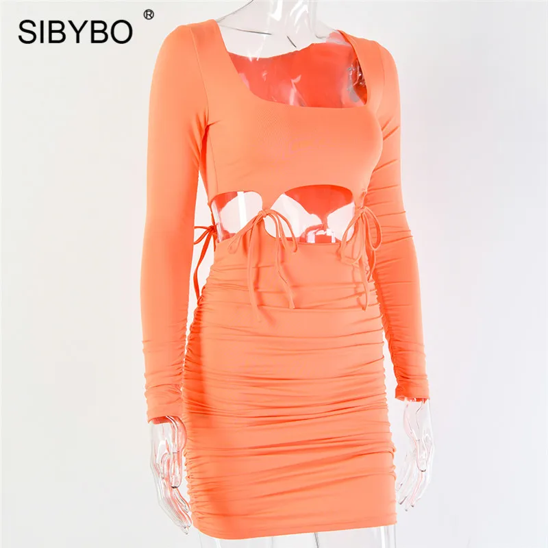 Sibybo, выдалбливают, шнурок, мини, сексуальное, женское платье, длинный рукав, плиссированные, Осенние, вечерние, одноцветные, пляжные, женские, повседневные платья