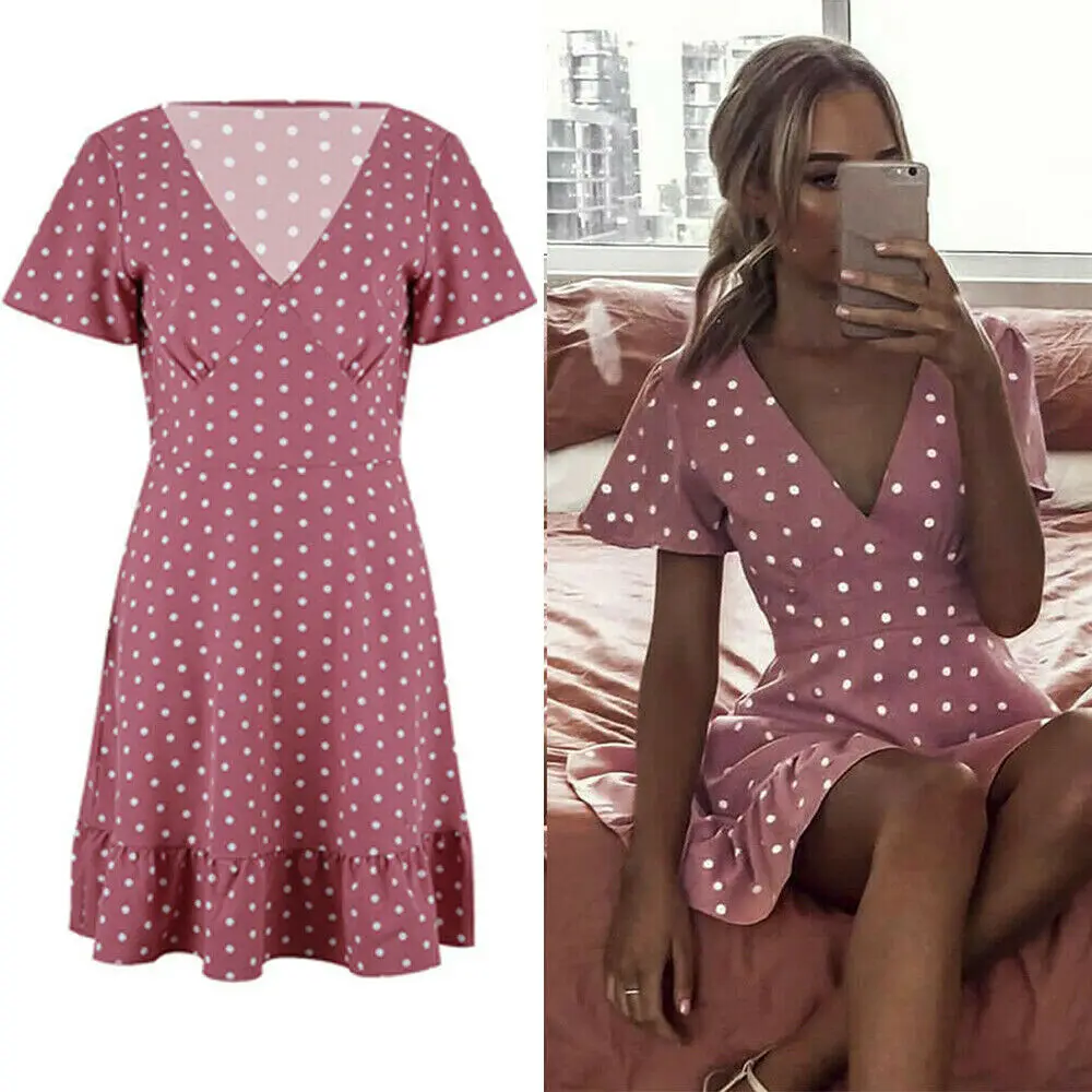 

2019 Summer Ladies Women Boho Short Mini Dress Short Sleeve Evening Party Beach V-neck Dresses Dot Pink Sundress