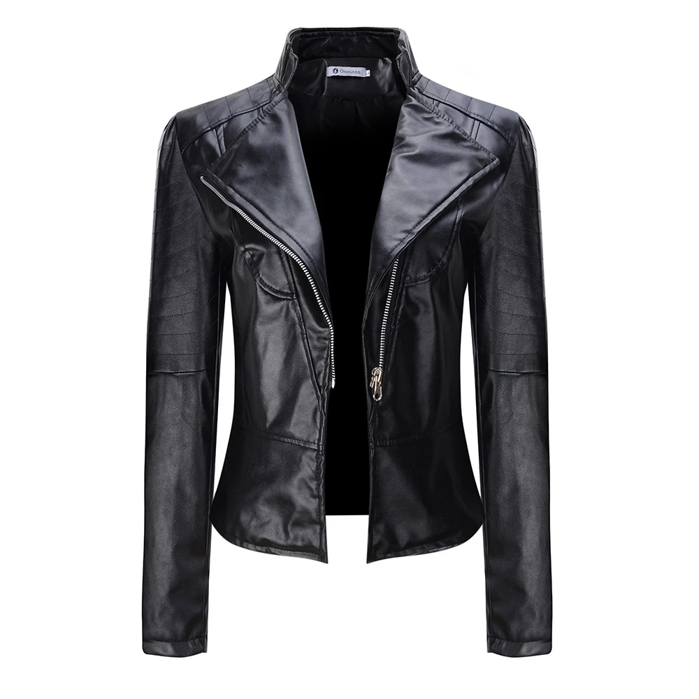 Women Black Faux PU Leather Motorcycle Bomber Jackets Zippers Coat