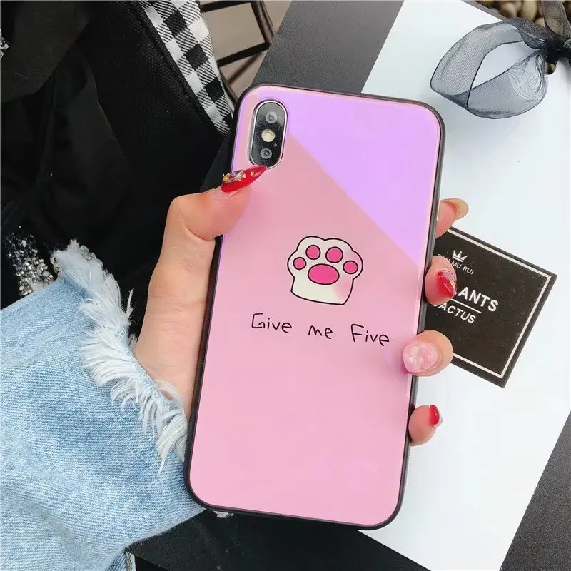 Красивая кошачья лапа синий свет стеклянный чехол для телефона Apple iPhone 6 S 7 8 Plus X