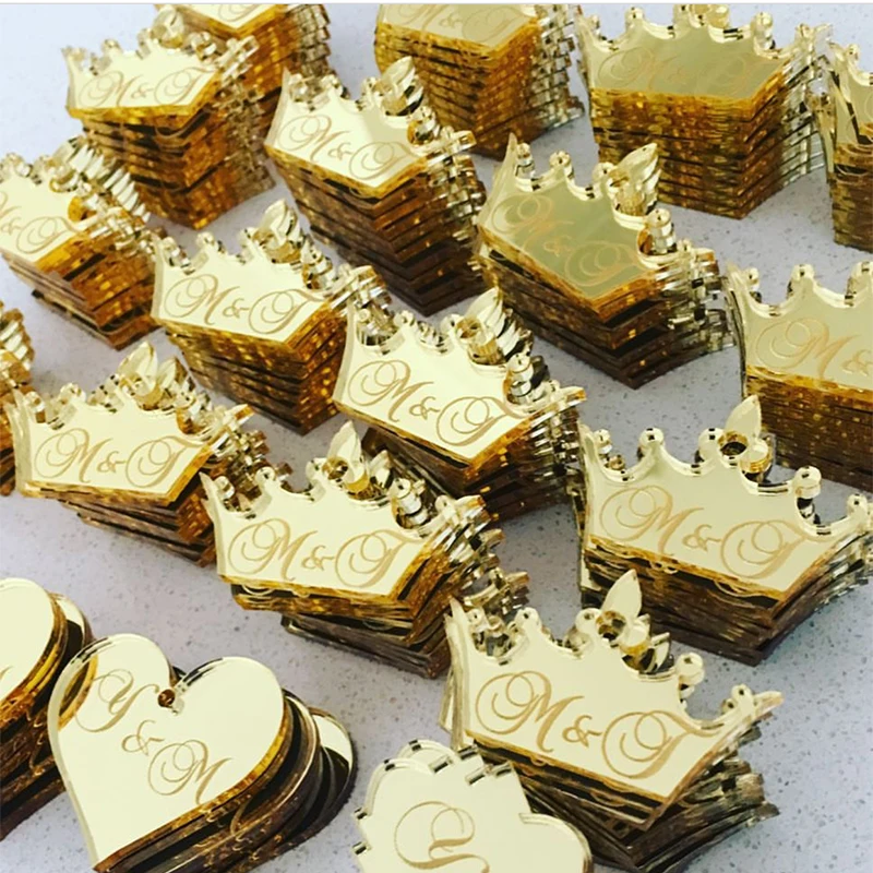 

Custom Made Gold Acrylic Crown Heart Mirror Tags, Engraved Chocolates Tags, Personalized Acrylic Tags for Party Wedding