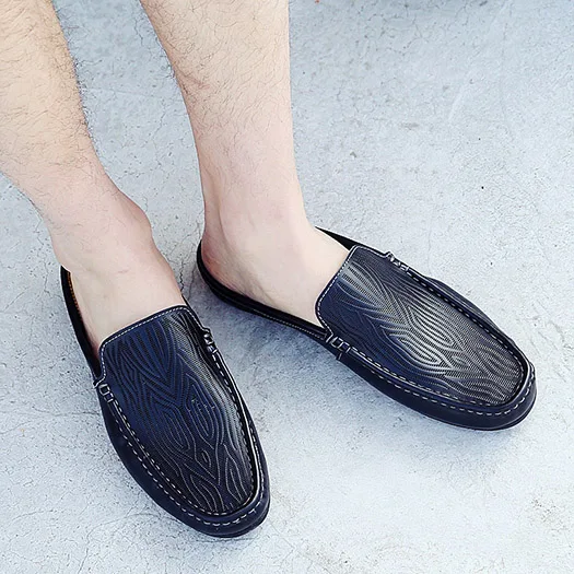 Men Breathable Summer Half Slippers Flat Shoes Slip On Close Toe Leather Sandals 