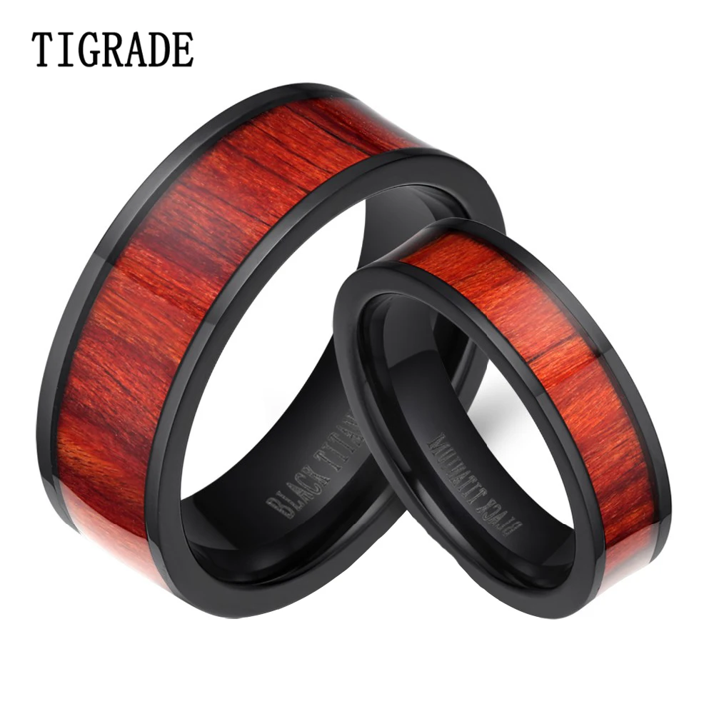 Classic Couple Wedding Rings Black Wood Inlay Flat Titanium Ring Men