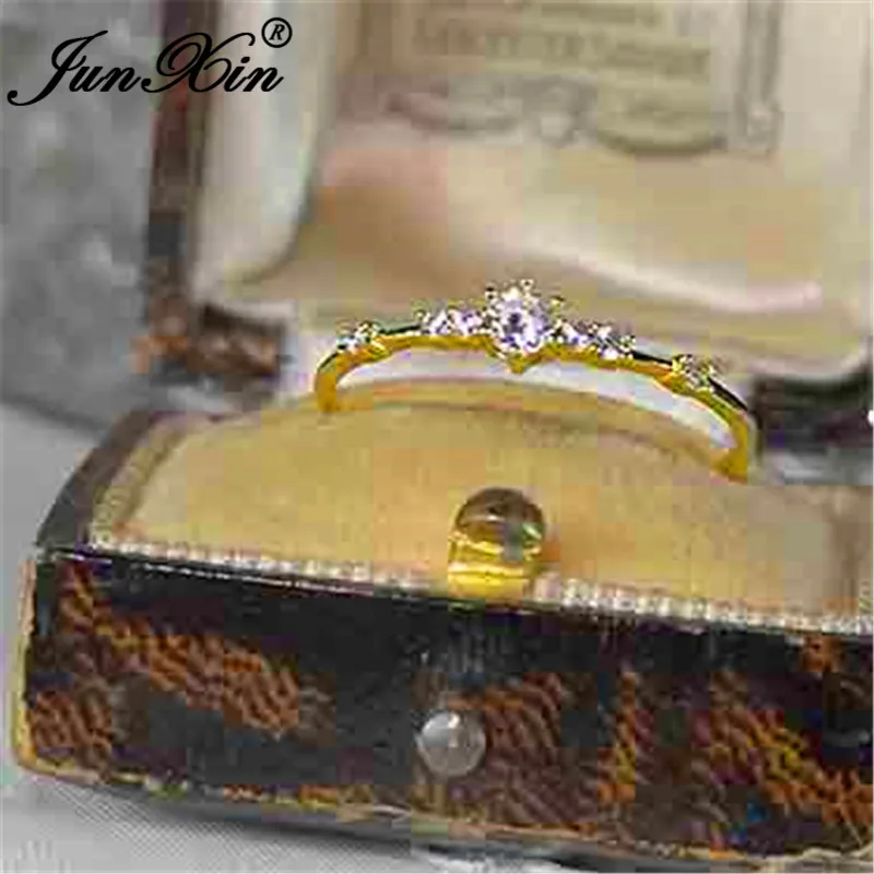 JUNXIN Female Small Crystal Thin Rings For Women 925 Silver Rose Gold Filled White Zircon Stacking Midi Ring Minimalist Jewelry