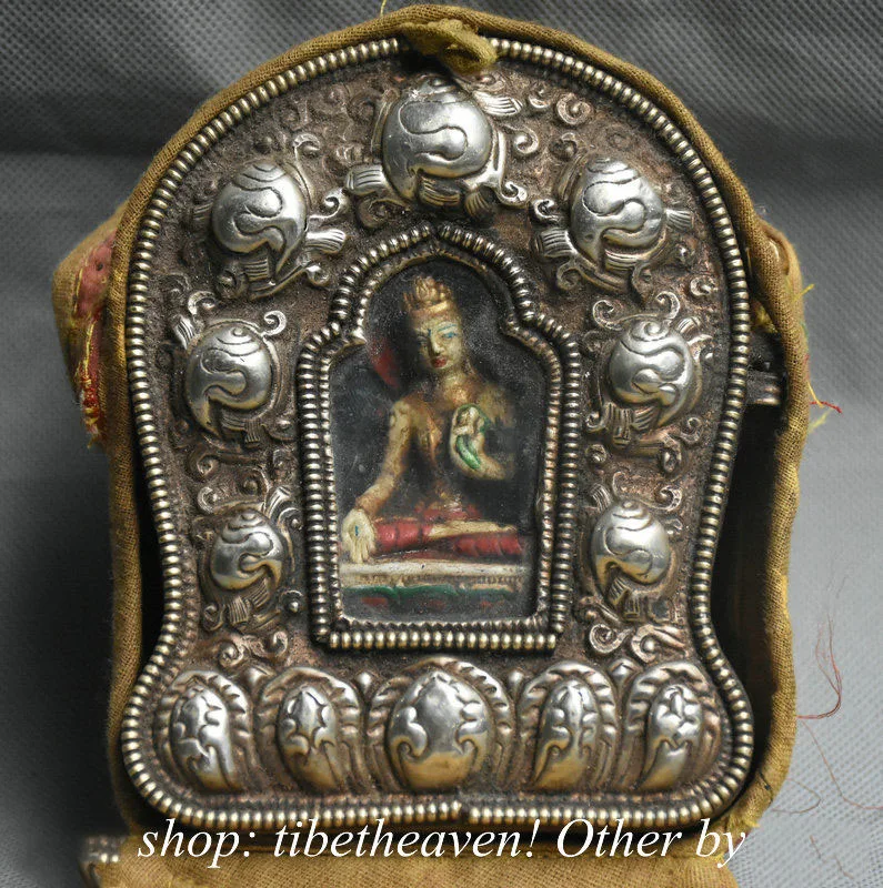 

Christmas 5.2" Old Tibet Painting Silver Silk Buddhism White Tara Goddess Ghau Shrine Box Halloween