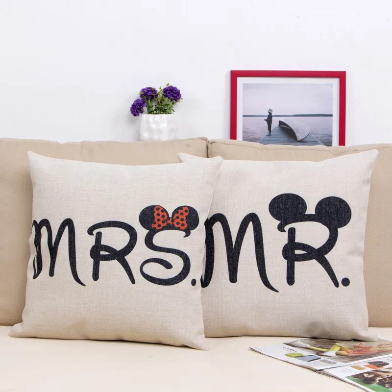 Cute Mickey Mouse Linen Pillow Case Couple Lovers Gift Pillows Throw