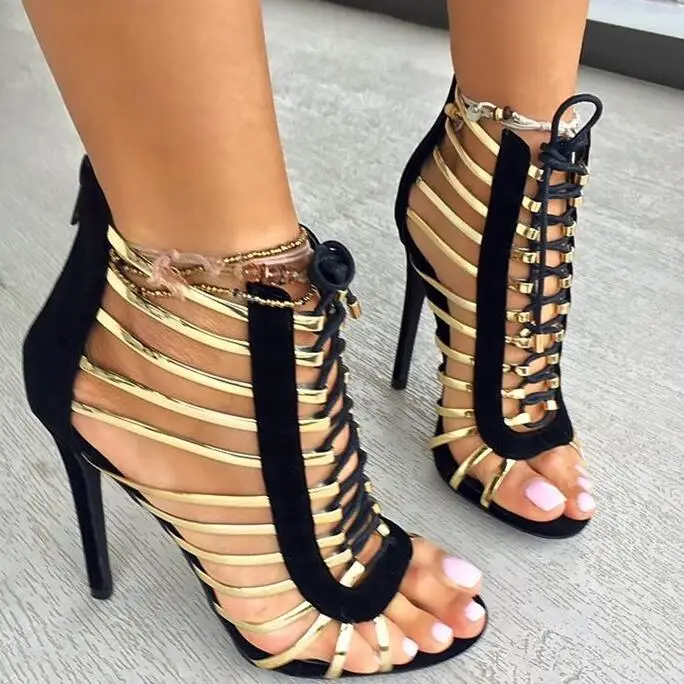 Women Fashion Sandals Sexy High Thin Heels Lace Up Open Toe Cover Heel Cut Out Mixed Colors Gladiator Wholesale lady Shoes