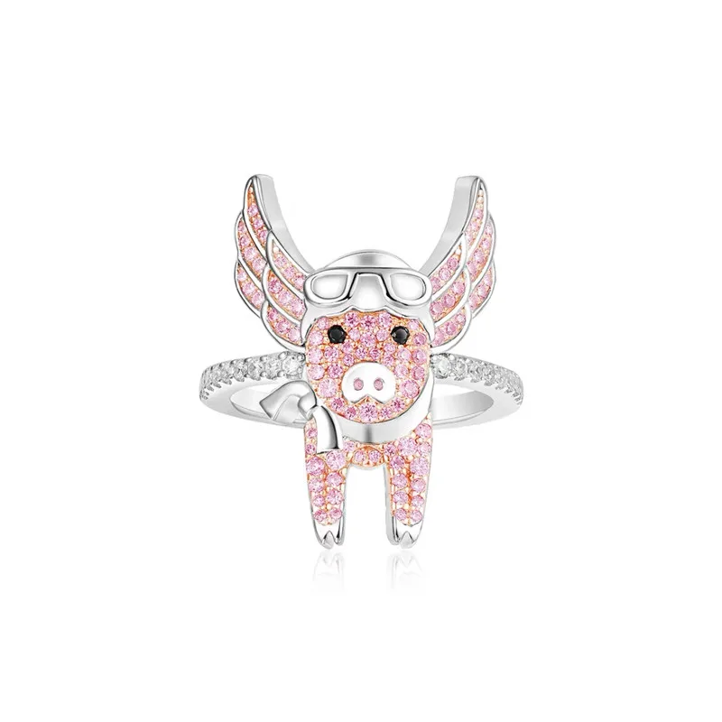 

JEM original 100% 925 sterling silver 1:1 APM ring fashion jewelry animal series high quality pink flying APM pig diamond ring