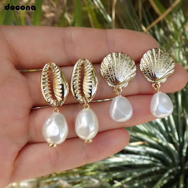 

docona Bohemian Gold Conch Shell Pearl Pendant Earrings for Women Girl Metal Drop Dangle Earring Party Jewelry 2pair/1set 8021