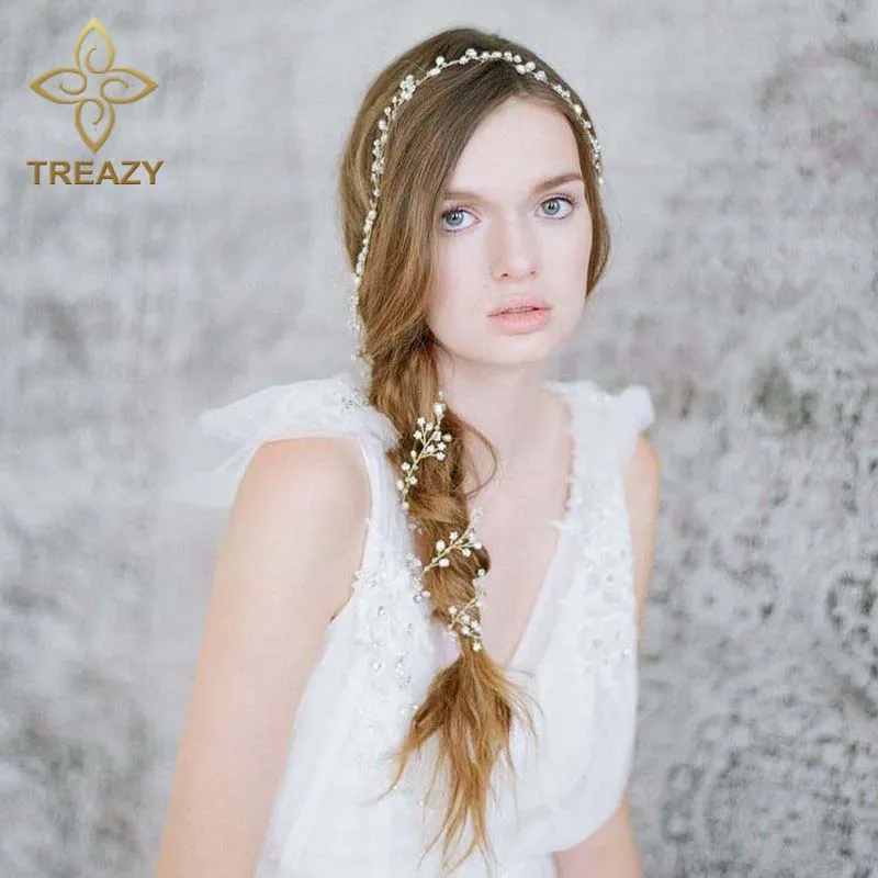 

TREAZY Handmade Freshwater Pearl Hair Band Wedding Hair Jewelry Accessories 1 Meter Bridal Long Headbands Elegant Veil Jewelry