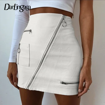 

Darlingaga Stylish PU leather skirt oblique zipper patchwork high waist skirt short white sexy bodycon skirts women mini bottom
