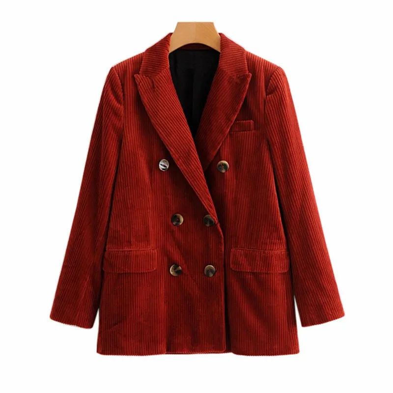 Autumn Fashion Women Corduroy Blazer Female Red Long Sleeve Pockets Double Breasted Jackets Solid Casual Ladies Office Coat