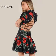 Colrovie Fit & Flare платье с цветочным рисунком 2017 г. пикантные Кружево на спине Для женщин заниженной талией Для летних вечеринок Платья для женщин новые Винтаж Zip милые Женская одежда