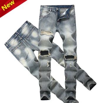 

Free shipping 2019 fashion mens long denim pants casual distressed hole mens Jeans men's straight jeans slim blue Trousers