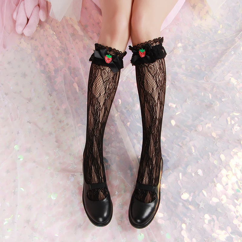 Клубничный дневник в сезон весна-лето Лолита обувь для девочек кружевные носки, прекрасный бантом Длинные Носки - Цвет: black
