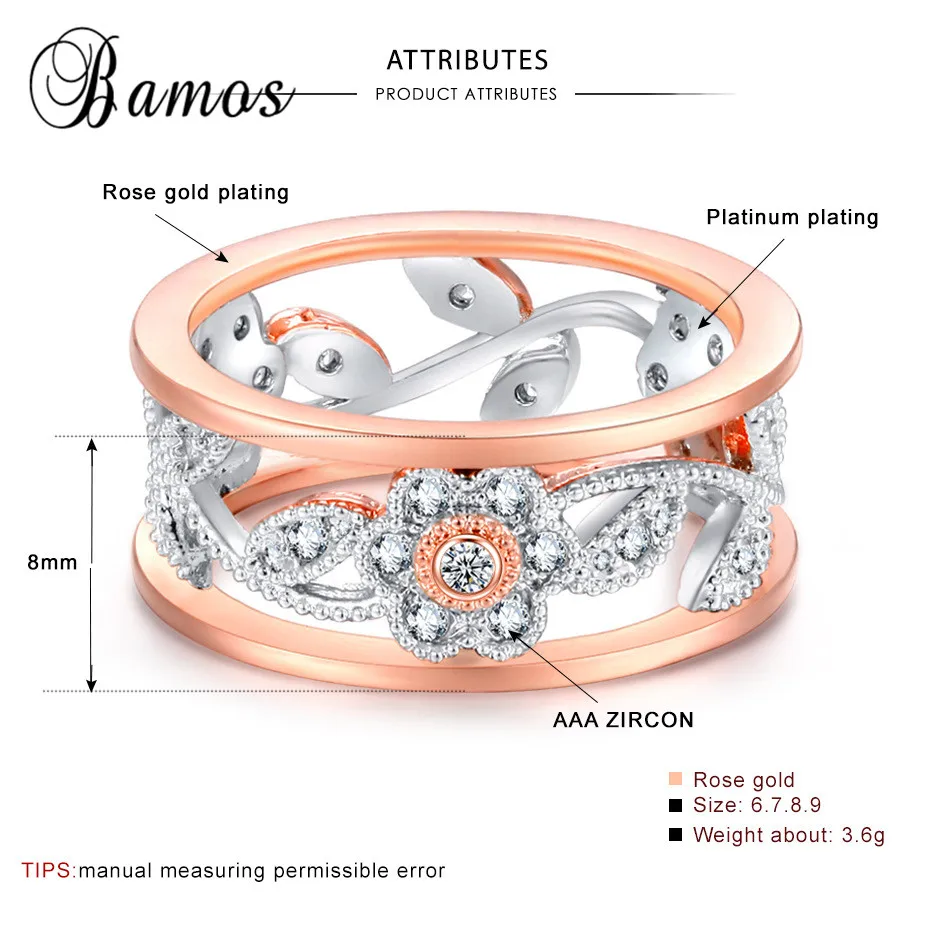 Bamos Изысканные цветы обручальные кольца для женщин Мода розовое золото цвет ювелирные изделия роскошный кубический цирконий Кольцо подарок на день матери