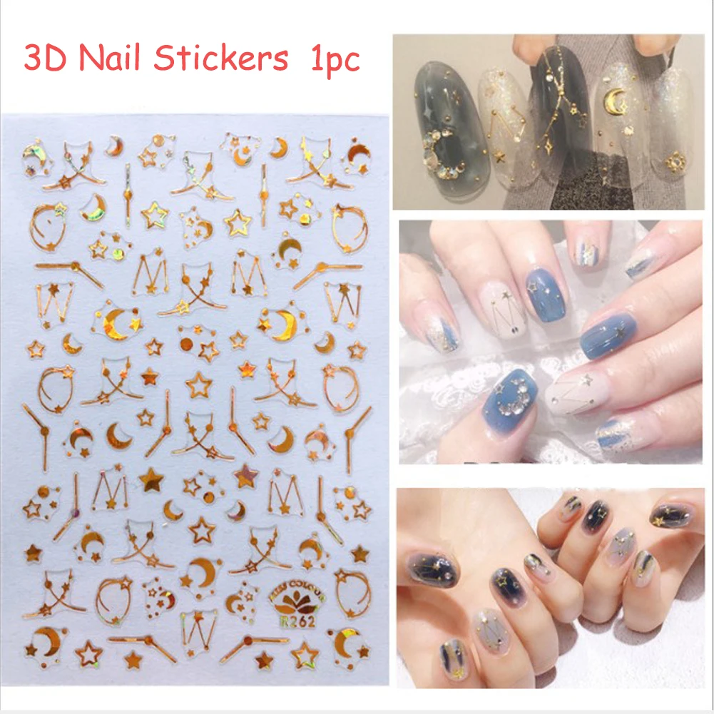 

1 Sheet Adhesive Nail Art Sticker Metallic Star Moon Golden Silver Hollow Sequins Studs Letters Manicure DIY Decal New Arrival