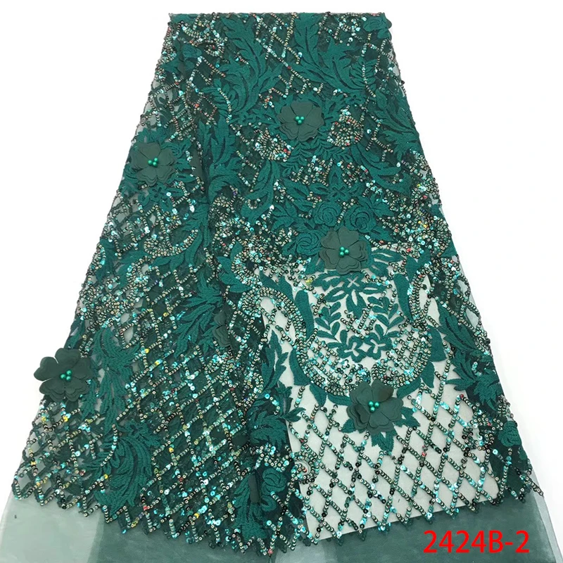 

Golden Shining Sequins French Lace Fabrics With Beads 3D Flowers African Tulle Net Lace Fabric For Wedding Party Dress QF2424B-3
