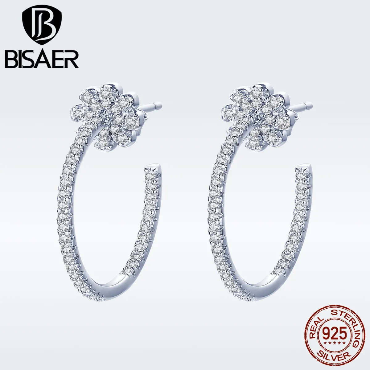 BISAER, 925 пробы, серебро, прозрачный, кубический цирконий, цветок и круглые серьги-гвоздики для женщин, Эффектное свадебное украшение бижутерия GAE049