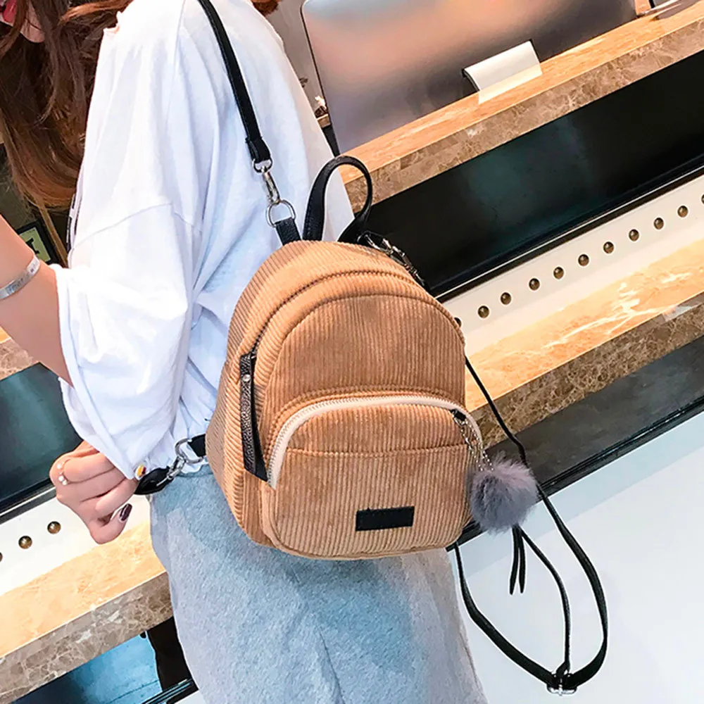 

OCARDIAN Backpack Female Mini Korean Version Hairball Corduroy School Bag Student Satchel Travel Shoulder Bag Dropship M29