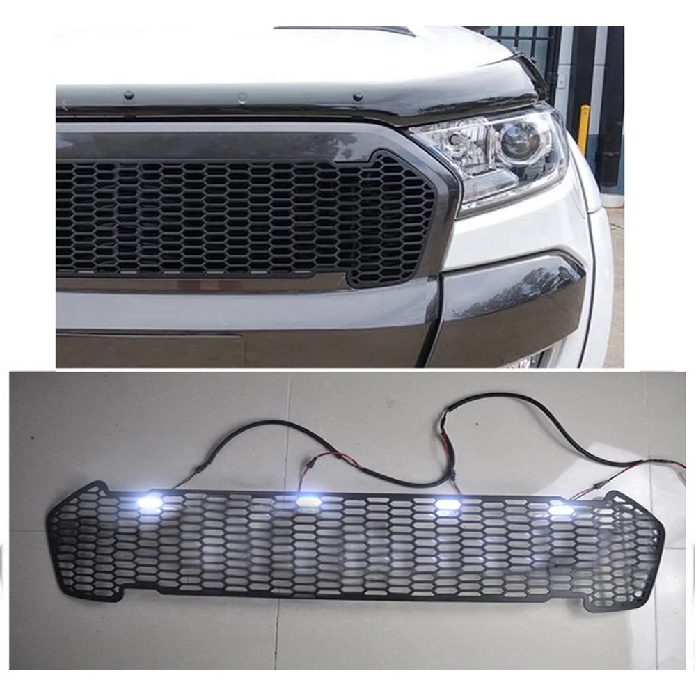 

MODIFIED OWN DESIGN GRILLS FRONT RACING GRILLE GRILL 4 WHITE LED BUMPER MASK FIT FOR RANGER T7 XTL 2015-2018 CAR ACCESSORIES