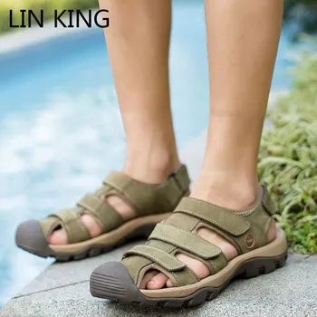 

LIN KING Retro Men Sandals Rome Gladiator Shoes Summer Genuine Leather Outdoor Casual Shoes Breathable Non Slip Beach Sandals