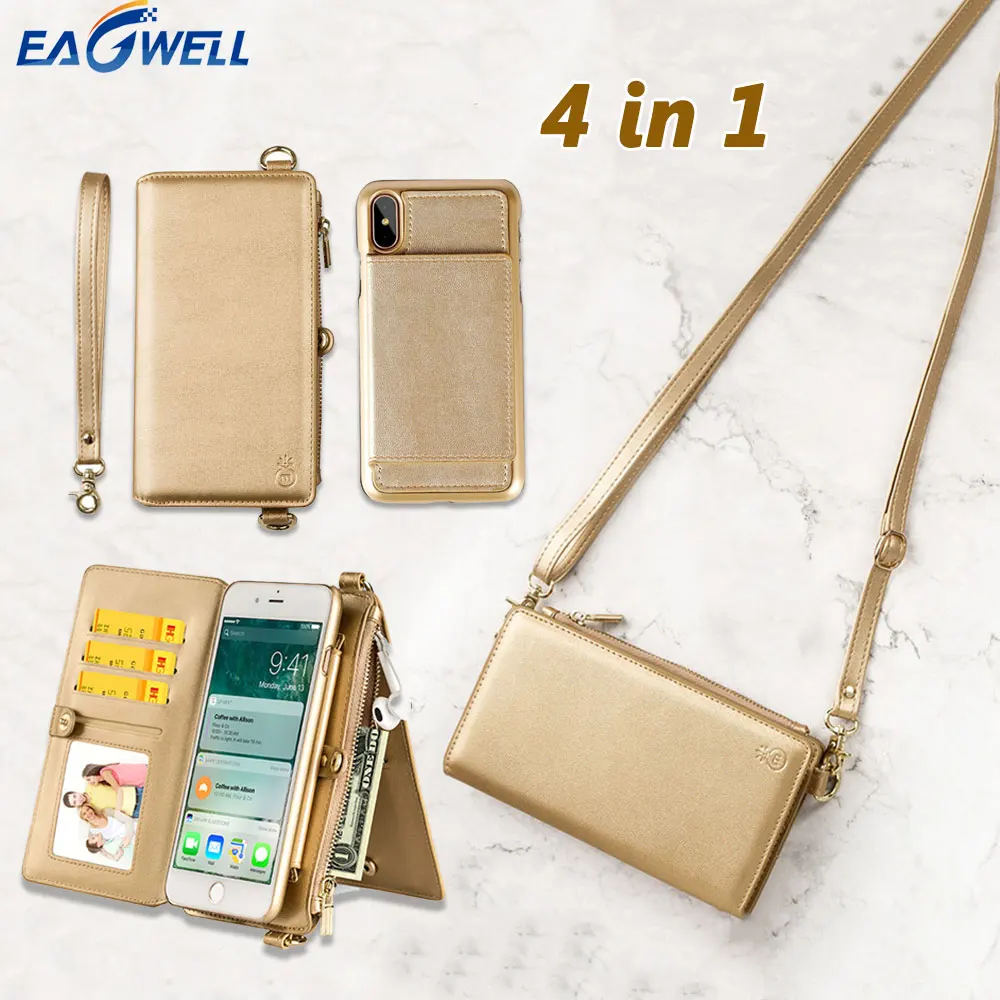 

4 in 1 Leather Wallet Bag Case for iPhone XR XS Max X 6 7 8Plus Detachable Phone Cover Card Slot Girl Women Shoulder Bag Handbag