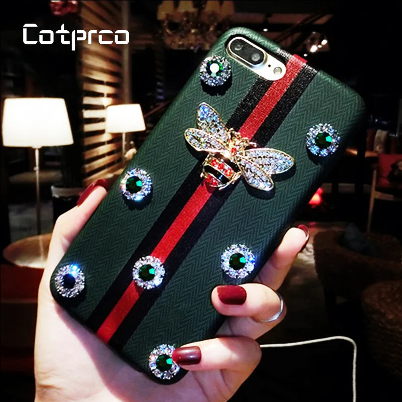

COTPRCO Luxury Rhinestones Bee Case For iPhone X 8 7 Plus 6 Diamond PU Leather Geometric Texture Cover Back For iPhone 7 8 X 6P