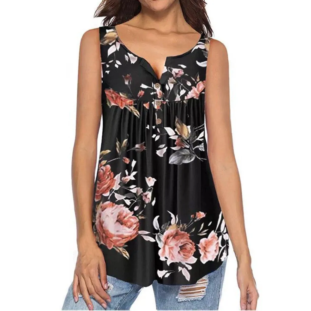 

JAYCOSIN Ladies Summer Blouse Fashion Cool Button Sexy Printing Vest Plus Size Off Stylish Shoulder Sleeveless Loose Tops