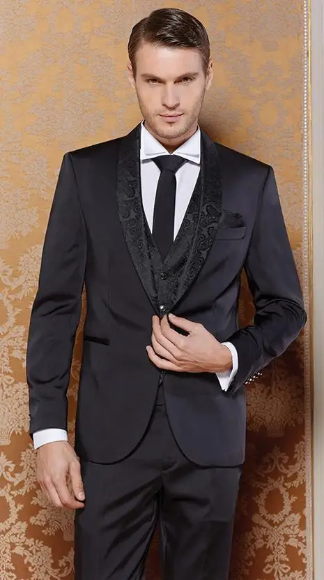 Новое поступление смокинг жениха Черный Groomsmen шаль нагрудные Свадебные/ужин Костюмы Best человек Жених(куртка+ Брюки для девочек+ галстук+ жилет) b421