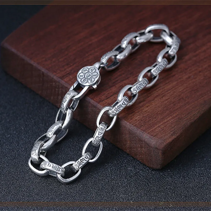 

22mm 100% Pure 925 Sterling Silver Bracelets for Women Men Fine Jewelry Vintage S925 Solid Mantra Thai Silver Chain Bracelet