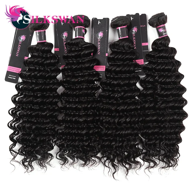 

Silkswan Brazillian Hair Deep Wave Weft 3/4 Bundles Remy Hair Extensions Natural Color 8-30 Inch Free Shipping Double Weaving