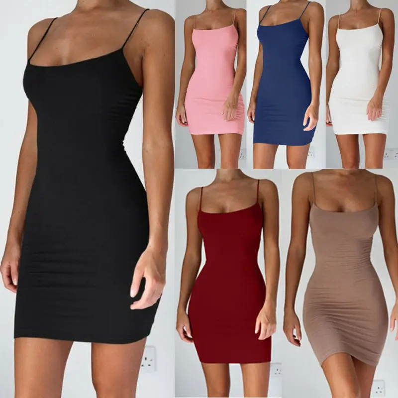 Fashion Women Solid Strap Sleeveless Stretchy Package Hip Bodycon Dress