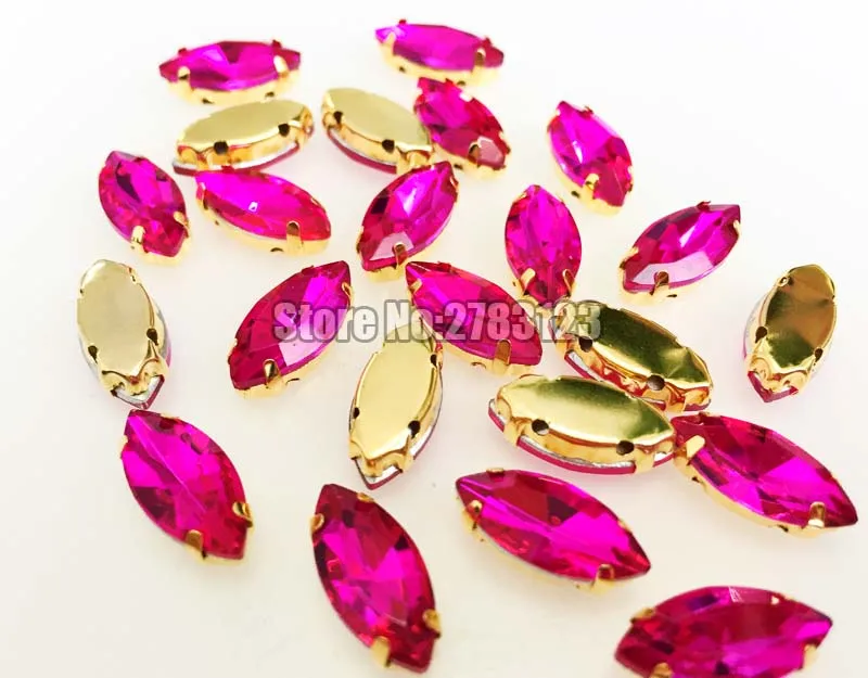 AAA+ Glass Crystal Rose red Gold bottom horse eye shape sew on claw rhinestones with holes Sewing On Garment DIY accessories