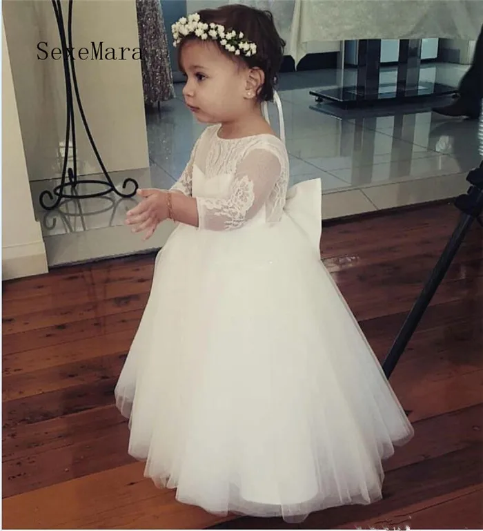 

Lovely Ivory White Tulle Lace Baby Girls Birthday Dresses with Bow Puffy Long Sleeves Flower Girls Dresses for Wedding Size 2-16