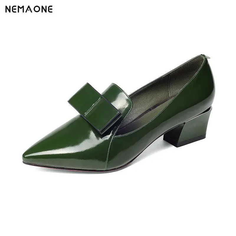 

NEMAONE 2019 New Women Genuine Leather High Heel Shoes Pointed Toe Pumps bowties Design Wedding Shoes